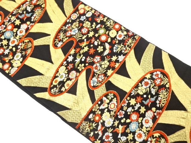 アンティーク　ヱ霞に草花・蝶模様織り出し袋帯（着用可）